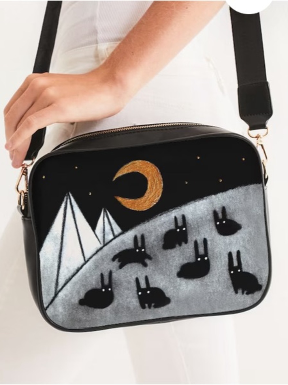 Goth Demon moon bunny crossbody bag, unique artsy design, macabre sketched art - Picture 2 of 15